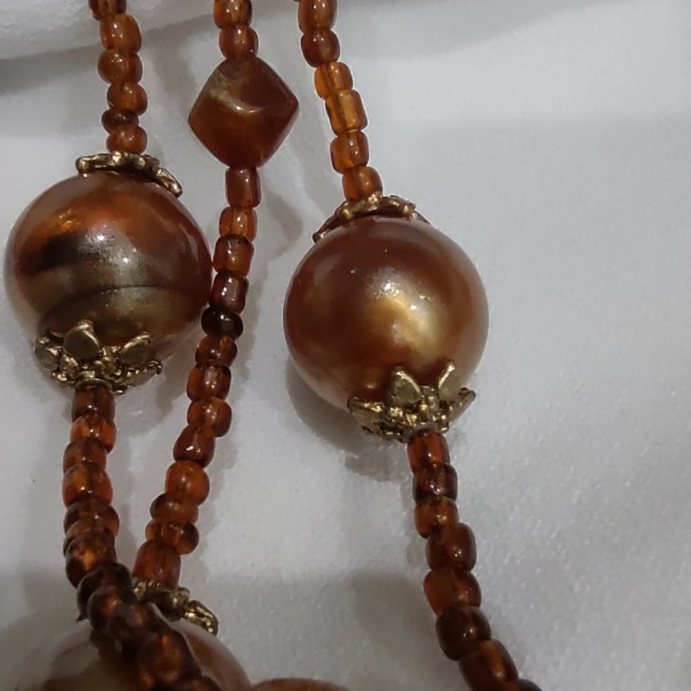 Vintage Brown, Gold and Amber Beaded Necklace and Earring Set - Picture 3 of 9